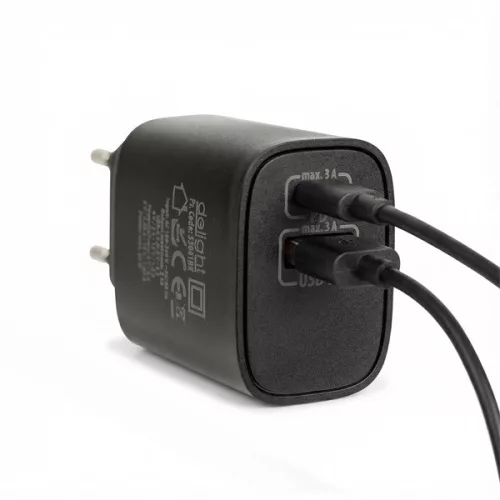 Delight Telefon töltő  - 1db Type-C + 1db USB PD20W gyorstöltéssel, Fekete