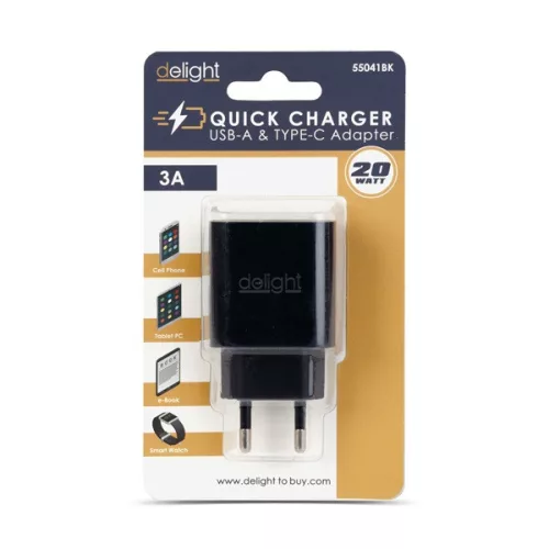 Delight Telefon töltő  - 1db Type-C + 1db USB PD20W gyorstöltéssel, Fekete