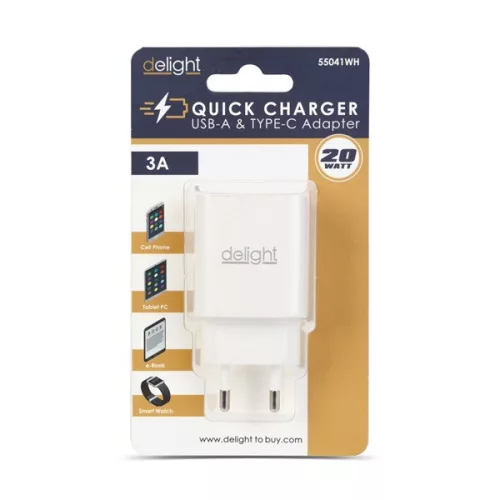 Delight Telefon töltő  - 1db Type-C + 1db USB PD20W gyorstöltéssel, Fehér