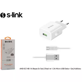   S-Link Hálózati töltő - AND-EC14B Micro USB (1db USB, 5V/1A, 5W, Micro USB 100cm adat+töltőkábel, fehér)