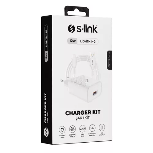 S-Link Hálózati töltő - SL-EC40L (1db USB, 5V/2.4A, 12W, Gyorstöltés, Lightning-USB 100cm adat+töltőkábel, fehér)