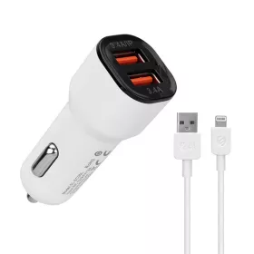   S-Link Autós töltő - SL-EC30L (2db USB, 5V/2.4A/3,4A, 17W, Lightning, 100cm adat+töltőkábel, fehér)