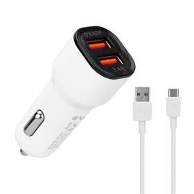   S-Link Autós töltő - SL-EC30T (2db USB, 5V/2.4A/3,4A, 17W, Type-C, 100cm adat+töltőkábel, fehér)