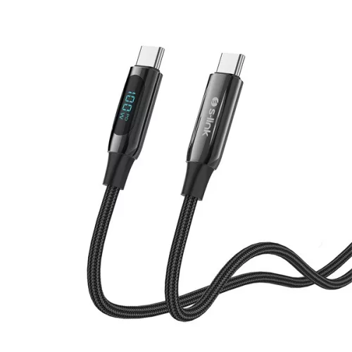 S-Link kábel - LCC-0100 (LED kijelző, 100W, Gyorstöltés, Type-C to Type-C 100cm adat+töltőkábel, fekete, fonott)