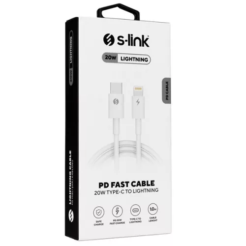 S-Link kábel - SL-C120 (2A, 20W, Gyorstöltés, Type-C to Lightning, adat+töltőkábel, fehér, 1m)