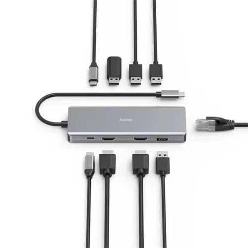 Hama USB HUB - 200142 (USB-C 9in1, 4xUSB 3.1, 2xUSB-C, 2xHDMI, 1xLAN, 100W PD, szürke)